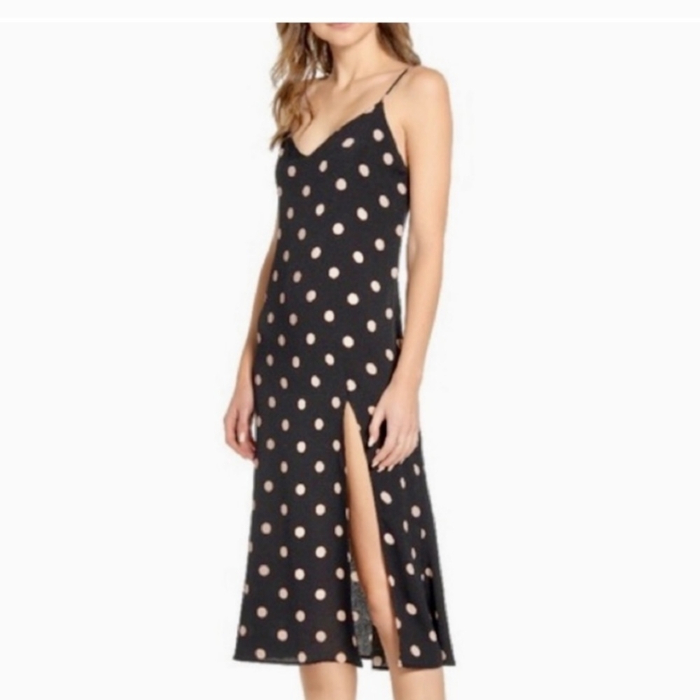 Reformation Black and Tan Polka Dots Crimini Slip Dress